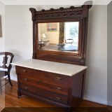 F01. Eastlake marble top three-drawer dresser with mirror. 78”h x 41”w x 21”d - $195 